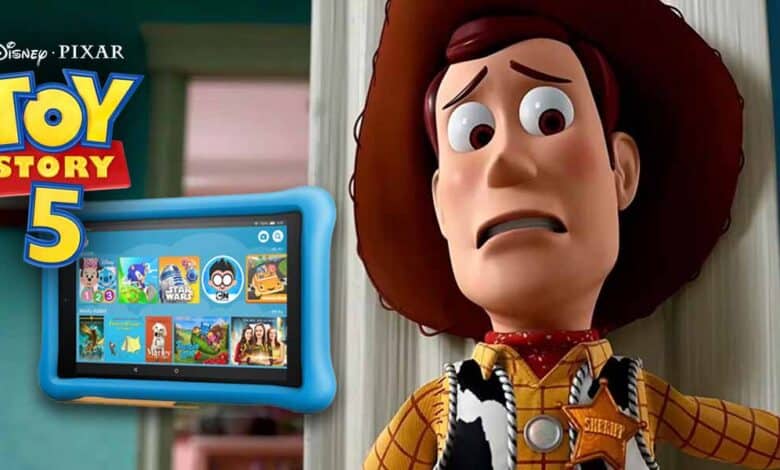 Woody from Toy Story looks worried, standing near a blue-framed tablet displaying kids’ apps. The Disney Pixar Toy Story 5 logo is in the top left corner.