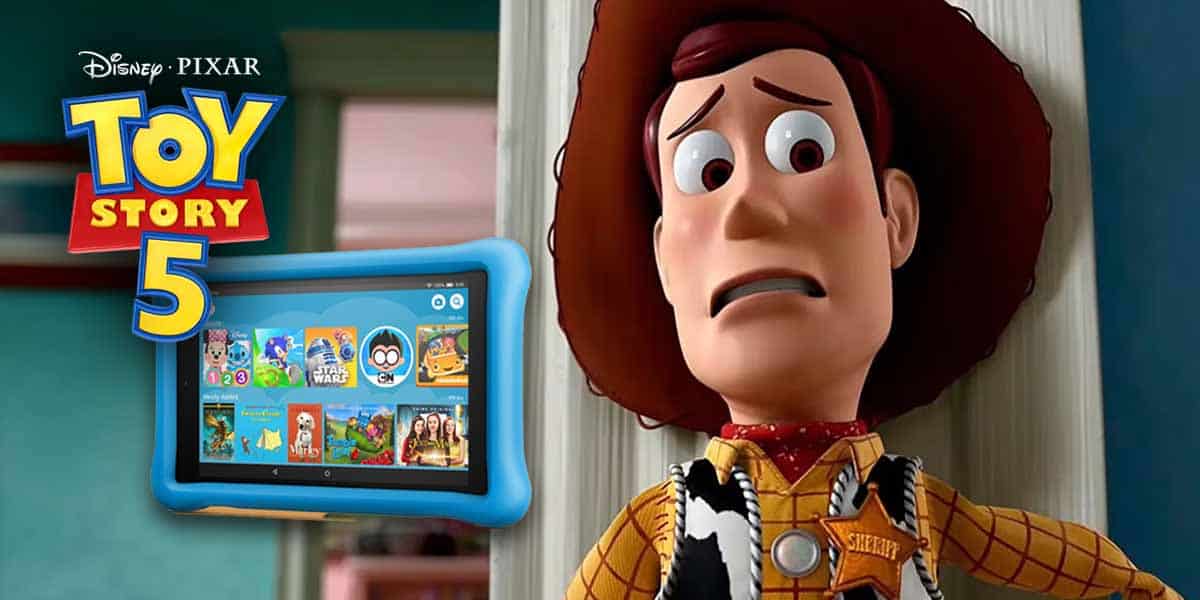 Woody from Toy Story looks worried, standing near a blue-framed tablet displaying kids’ apps. The Disney Pixar Toy Story 5 logo is in the top left corner.