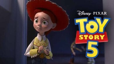 Jessie, a cowgirl doll from Toy Story, looks worried while standing indoors. The Disney Pixar Toy Story 5 logo appears prominently on the right side of the image.