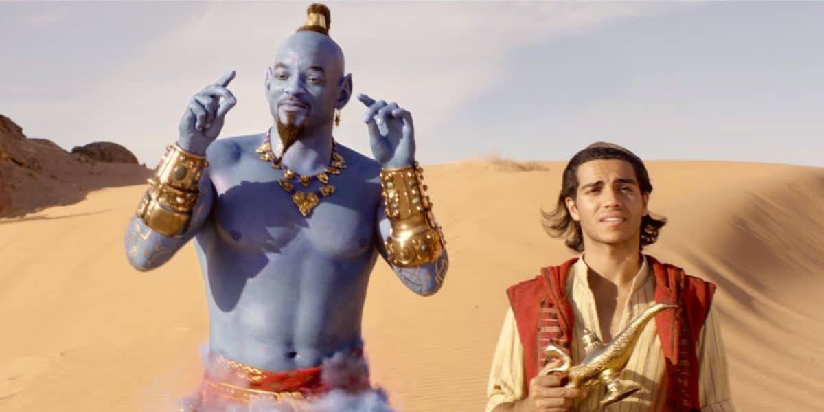 The genie and Aladdin in Disney's live-action remake