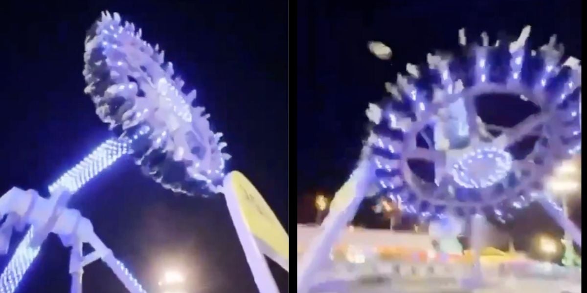 A brightly lit amusement park ride spins at night, with people seated around its circular edge. Elevated high above the ground and illuminated by blue and white lights, it captures the thrill—and risks—often discussed after theme park accidents.