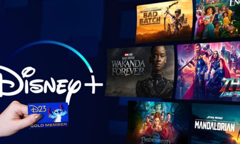 A hand holds a D23 Gold Member card in front of a Disney+ logo and a TV screen displaying various Disney+ shows and movies, including "Wakanda Forever," "Thor: Love and Thunder," and "The Mandalorian.