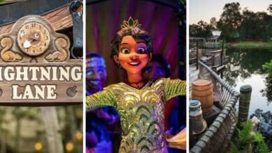 A collage of three images: a "Lightning Lane" sign, a smiling animatronic Princess Tiana, and a scenic riverside with trees and wooden barrels.