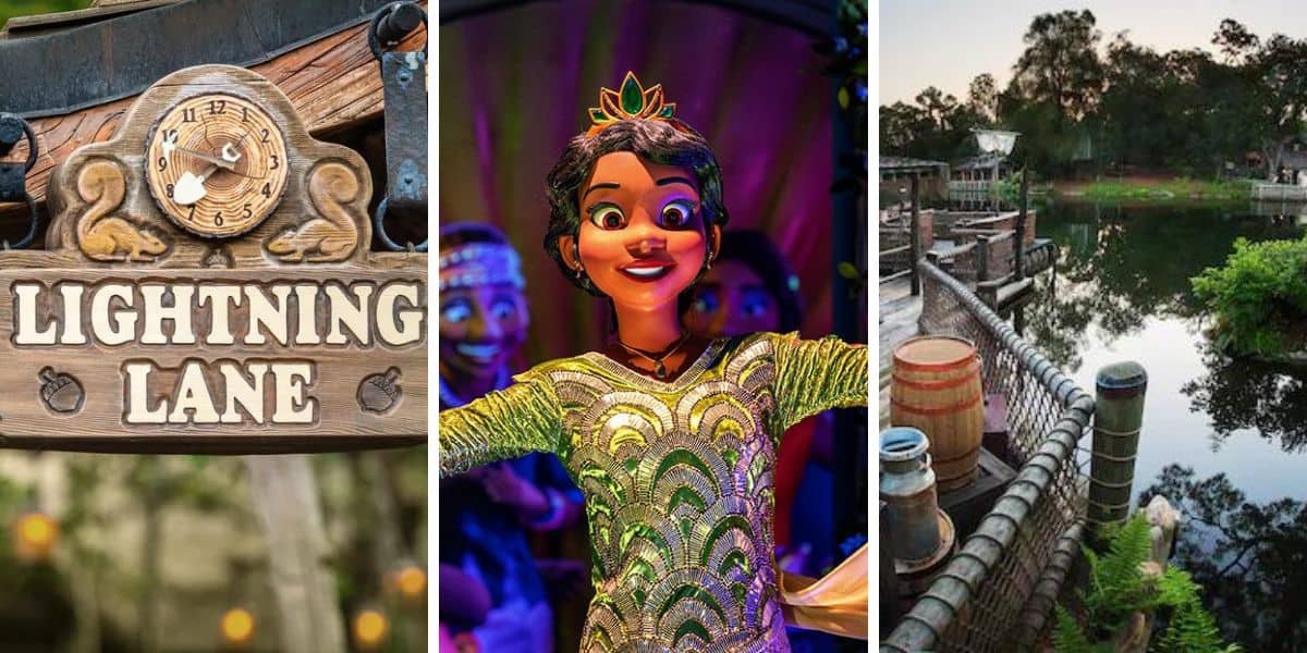 A collage of three images: a "Lightning Lane" sign, a smiling animatronic Princess Tiana, and a scenic riverside with trees and wooden barrels.