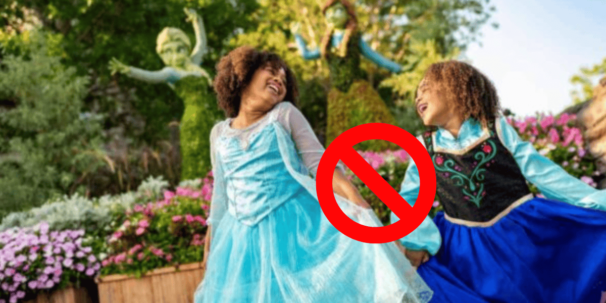 Two young girls in blue princess dresses smiling and holding hands outdoors, with Disney princess-shaped bushes in the background. A red prohibition symbol is overlaid on the image.