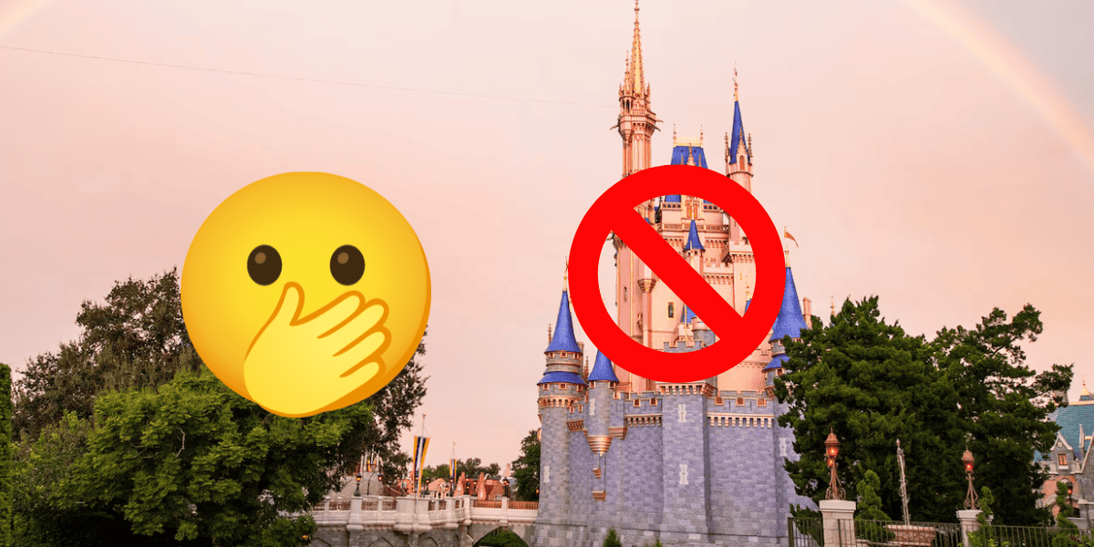 A Disney castle with a rainbow in the sky, a hand-over-mouth emoji on the left, and a red prohibition symbol on the right.
