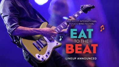 A person playing an electric guitar on stage with the text: "2025 EPCOT International Food & Wine Festival. Eat to the Beat performers 2025 lineup announced," against a purple background with music notes.