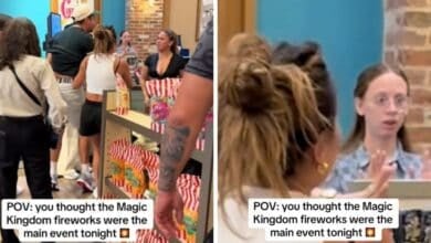 Two-panel image: Left, people wait in line at a busy shop counter with popcorn bags on display. Right, a surprised cashier with glasses reacts as a woman speaks to her. Text overlay: "POV: you thought the Fight at Disney Springs was the main event tonight.
