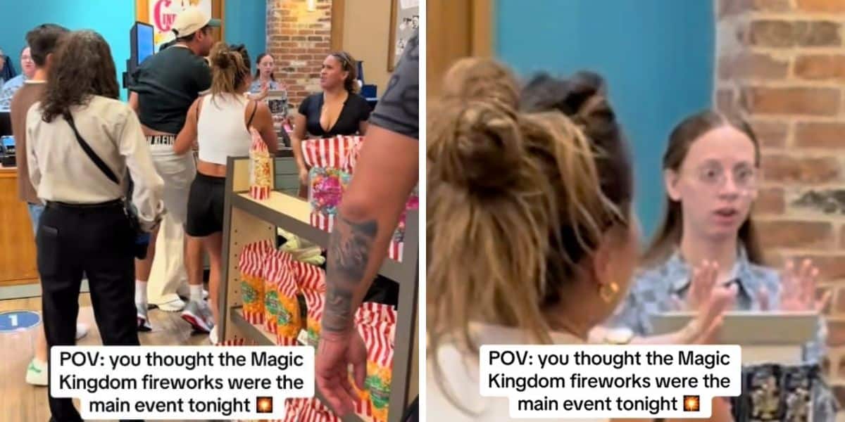 Two-panel image: Left, people wait in line at a busy shop counter with popcorn bags on display. Right, a surprised cashier with glasses reacts as a woman speaks to her. Text overlay: "POV: you thought the Fight at Disney Springs was the main event tonight.
