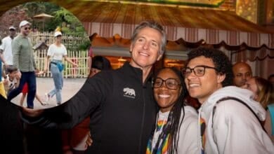 Gavin Newsom visits Disneyland Pride with an insert of JD Vance