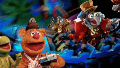 Kermit the Frog, Fozzie Bear, and Gonzo from The Muppets appear excited in front of a colorful amusement park ride, with Gonzo dressed as a ringmaster and flying through the air.