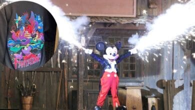 Mickey Mouse during Fantasmic at Disneyland with an insert of Fantasmic merchandise