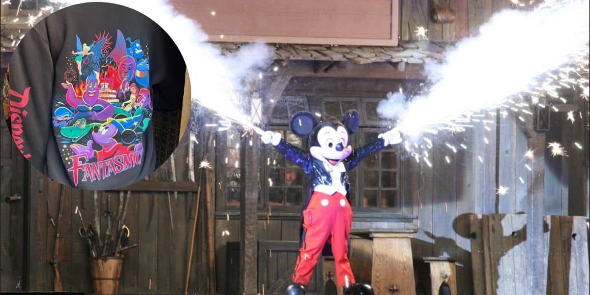 Mickey Mouse during Fantasmic at Disneyland with an insert of Fantasmic merchandise