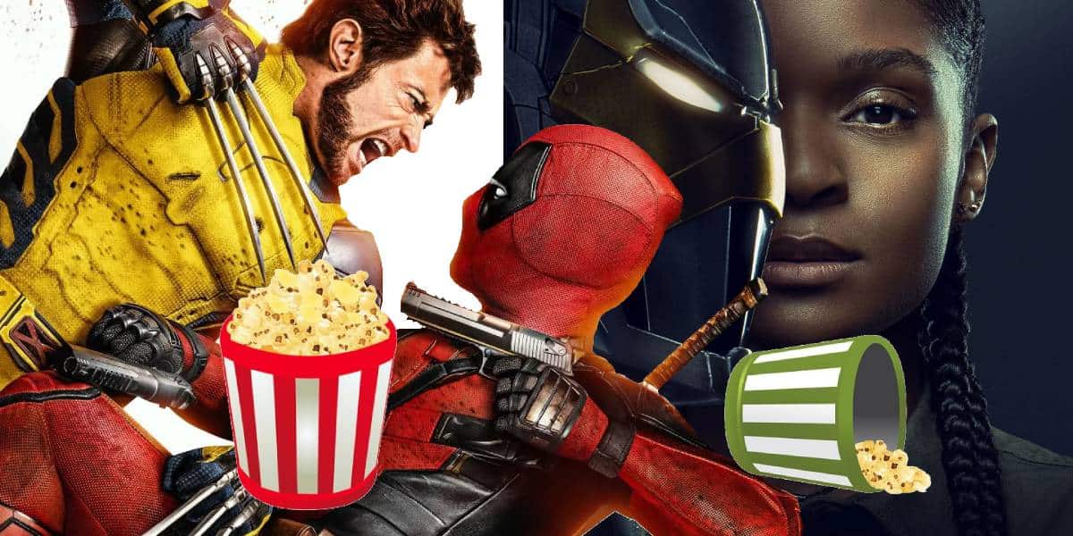 A collage features Wolverine and Deadpool in action poses, Iron Man’s helmet, and a woman’s face. Cartoon popcorn buckets are overlaid, one upright and one spilled.