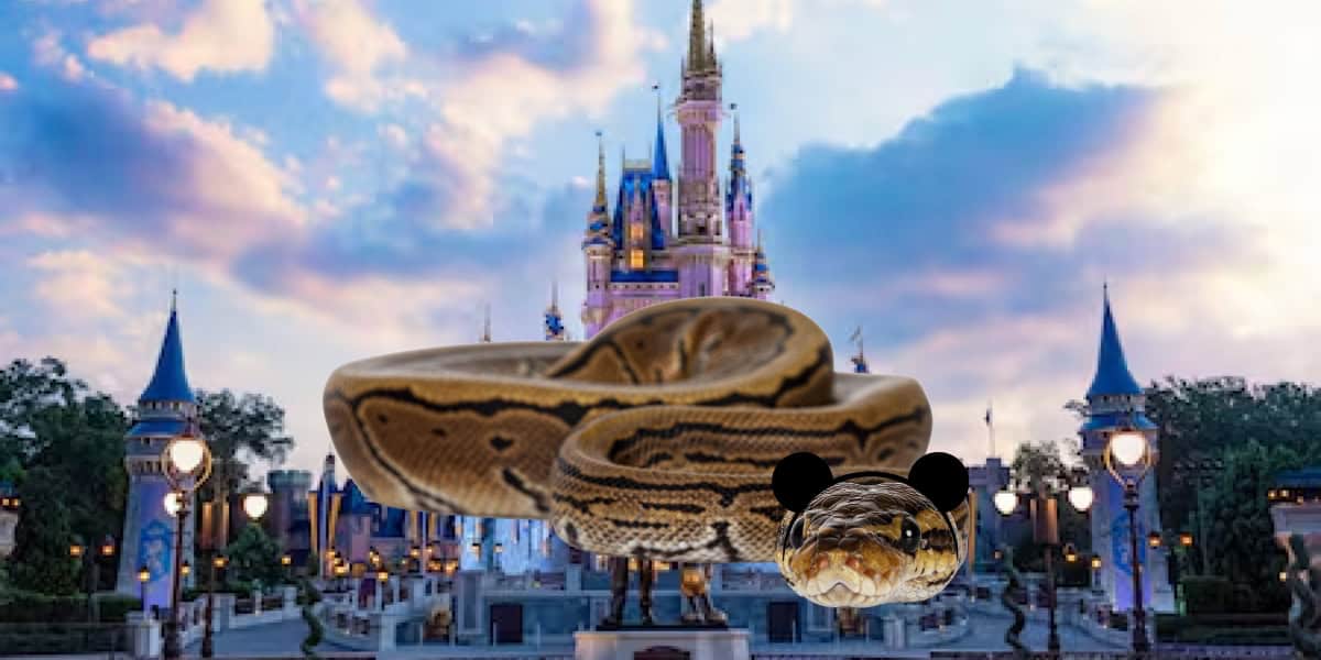 A large snake wearing Mickey Mouse ears is superimposed in front of a fairytale castle at a theme park, with a blue sky and clouds in the background.