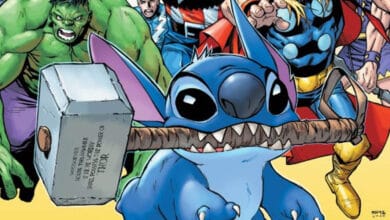 Stitch from "Lilo & Stitch" holds Thor's hammer, Mjolnir, surrounded by Marvel superheroes including Hulk, Captain America, and Thor, all drawn in comic book style.