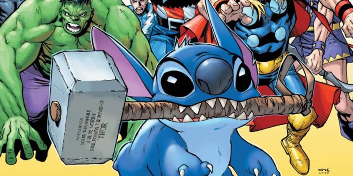 Stitch from "Lilo & Stitch" holds Thor's hammer, Mjolnir, surrounded by Marvel superheroes including Hulk, Captain America, and Thor, all drawn in comic book style.