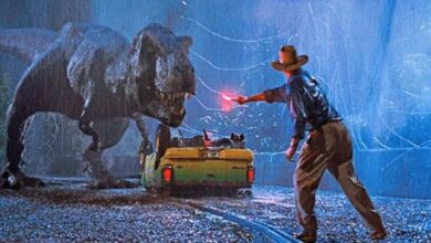 Alan Grant distracting the T-Rex with a flare in 'Jurassic Park'