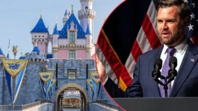 A split image shows a fairytale castle with blue rooftops and decorative banners on the left, JD Vance, at a podium with U.S. flags behind him on the right.