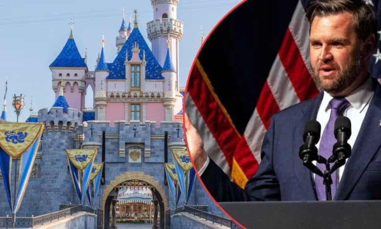 A split image shows a fairytale castle with blue rooftops and decorative banners on the left, JD Vance, at a podium with U.S. flags behind him on the right.