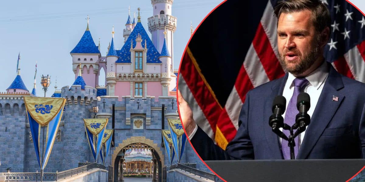 A split image shows a fairytale castle with blue rooftops and decorative banners on the left, JD Vance, at a podium with U.S. flags behind him on the right.