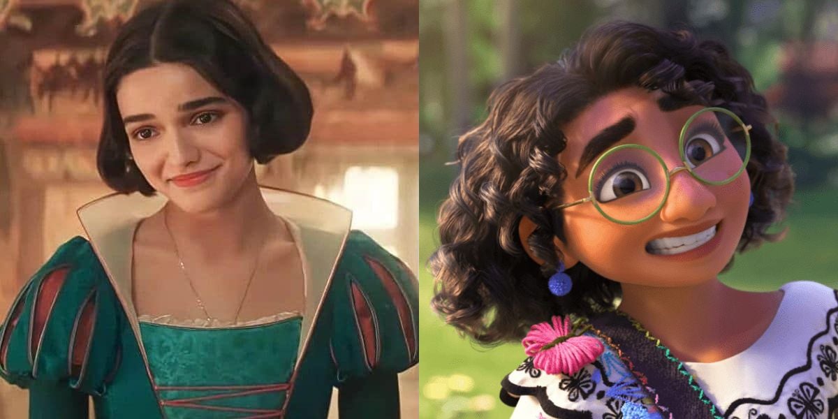 Side-by-side image of Rachel Zegler as Snow White, and Mirabel from 'Encanto' on the right