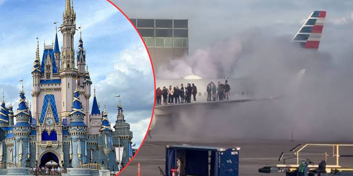 A photo split into two: on the left, Cinderella’s Castle at Disney World; on the right, an airport scene with people standing on a plane wing amid smoke, suggesting an emergency evacuation.
