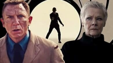 Split image: L - Daniel Craig in 'No Time to Die', Middle - the James Bond intro logo, R - Judi Dench as M
