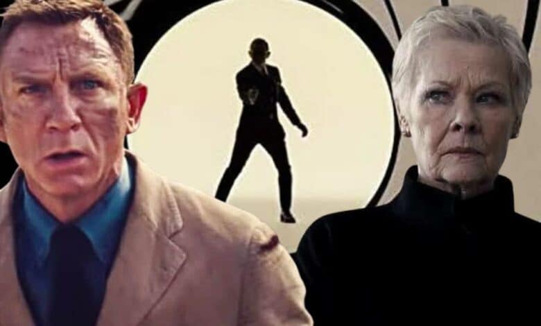 Split image: L - Daniel Craig in 'No Time to Die', Middle - the James Bond intro logo, R - Judi Dench as M