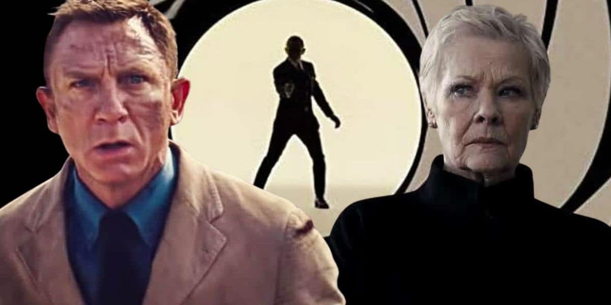 Split image: L - Daniel Craig in 'No Time to Die', Middle - the James Bond intro logo, R - Judi Dench as M