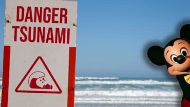 A "Danger Tsunami" warning sign stands on a beach with waves in the background. On the right, a person in a Mickey Mouse costume is peeking playfully into the frame as Disney locations deal with tsunami waves and warning.