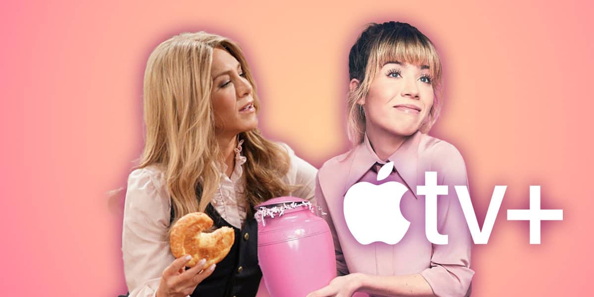Two women, one holding a bagel and the other holding a pink urn, are set against a pink gradient background with the Apple TV+ logo in white overlaying the image.