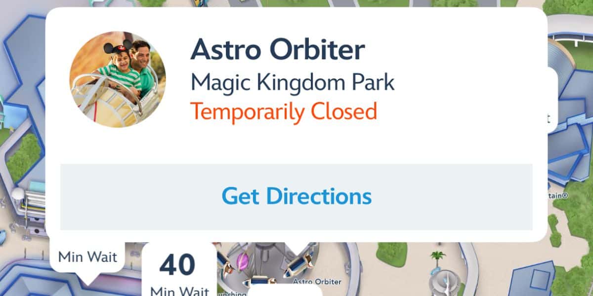 Walt Disney World Resort's official app lists the Astro Orbiter ride as "temporarily closed"