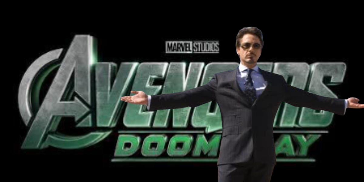 A man in a suit with sunglasses stands with arms outstretched in front of a "Marvel Studios Avengers: Doomsday" logo on a black background.
