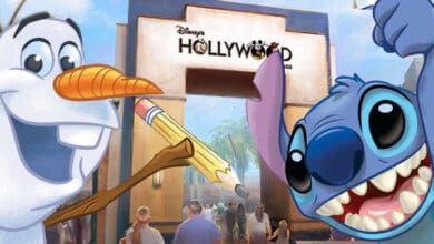 Olaf from Frozen holds a pencil and smiles next to Stitch from Lilo & Stitch, who cheers with his hand raised near the entrance to Animation Courtyard at Disney’s Hollywood Studios. People walk beneath the park’s sign in the background.