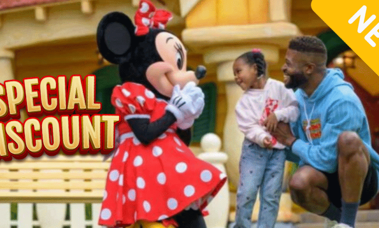 A smiling man and young girl greet Minnie Mouse at a theme park. "SPECIAL DISCOUNT" is written boldly beside them, with a yellow "NEW" banner in the corner.