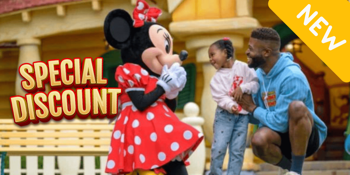 A smiling man and young girl greet Minnie Mouse at a theme park. "SPECIAL DISCOUNT" is written boldly beside them, with a yellow "NEW" banner in the corner.