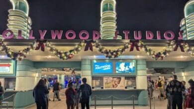 The entrance to Disney's Hollywood Studios decorated for Disney Jollywood Nights