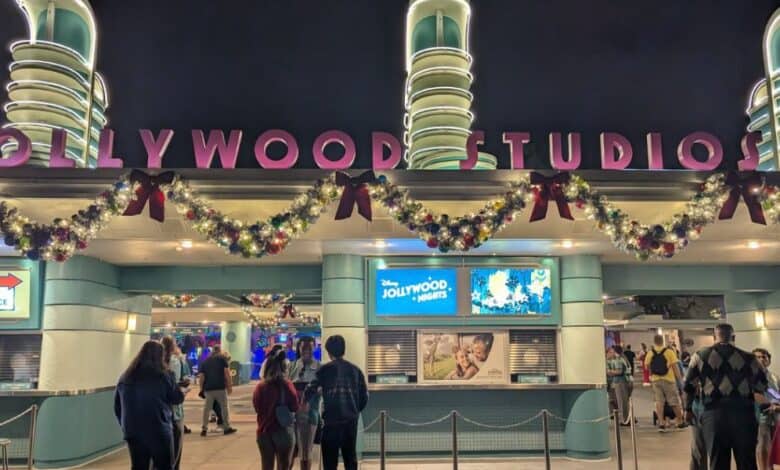 The entrance to Disney's Hollywood Studios decorated for Disney Jollywood Nights