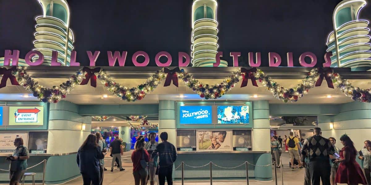 The entrance to Disney's Hollywood Studios decorated for Disney Jollywood Nights