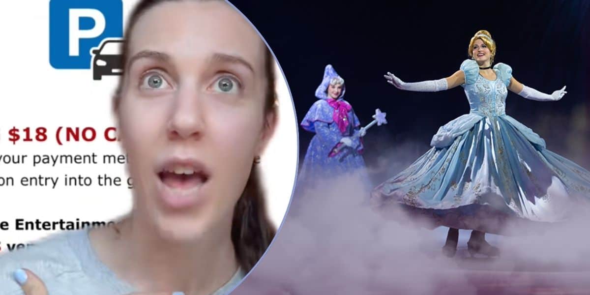 Left: A woman talking about the Dress code at Disney on Ice. Right: Cinderella and the Fairy Godmother skating.