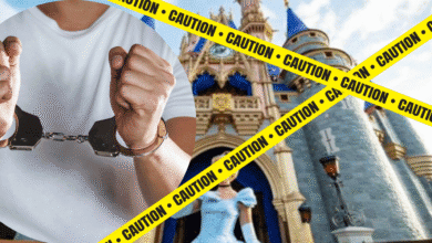 A person’s hands in handcuffs overlaid on an image of a fairytale castle, blocked off with yellow caution tape.