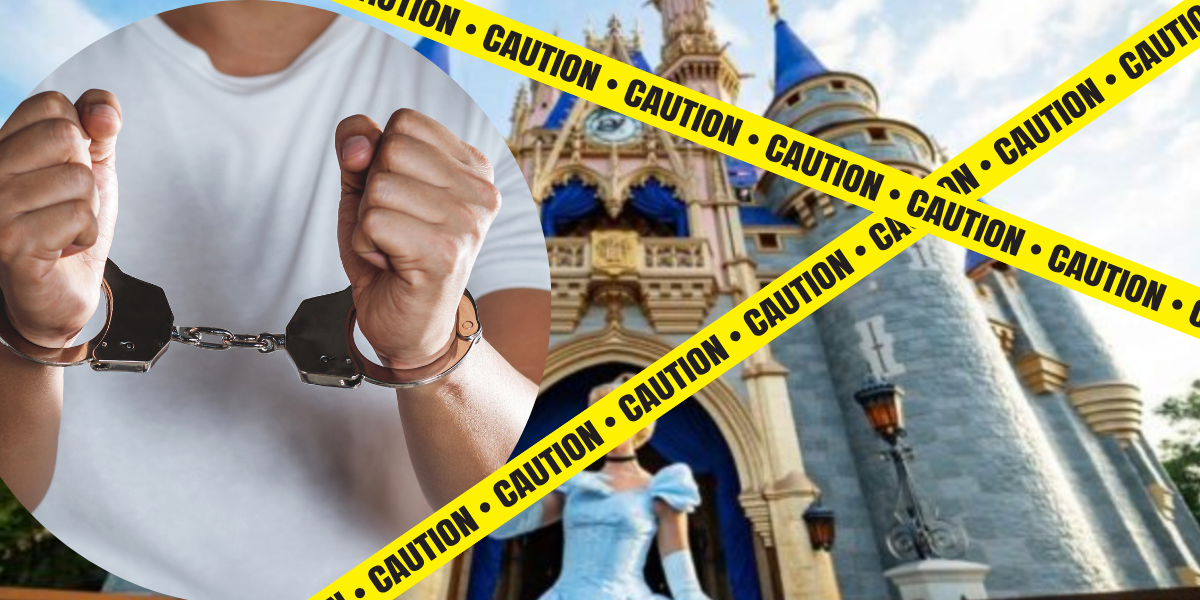 A person’s hands in handcuffs overlaid on an image of a fairytale castle, blocked off with yellow caution tape.