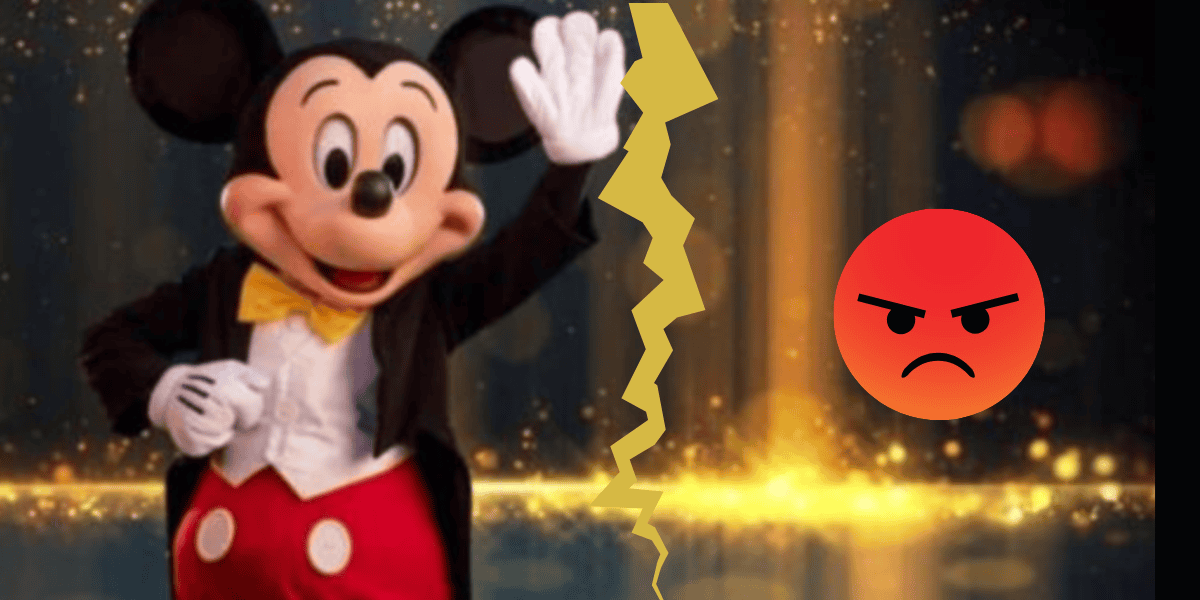 A person in a Mickey Mouse costume waves, separated by a jagged yellow line from an angry red emoji face on a sparkling background.