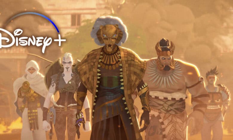 A group of six animated characters in elaborate, ancient Egyptian-inspired costumes stand in a dramatic, smoky setting. The Disney+ logo appears in the top left corner.