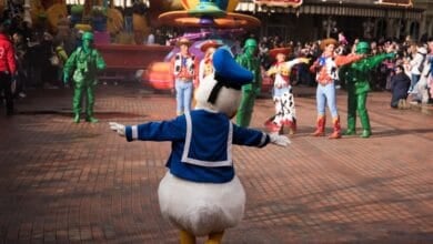 Donald Duck leads a parade at Disneyland Paris.
