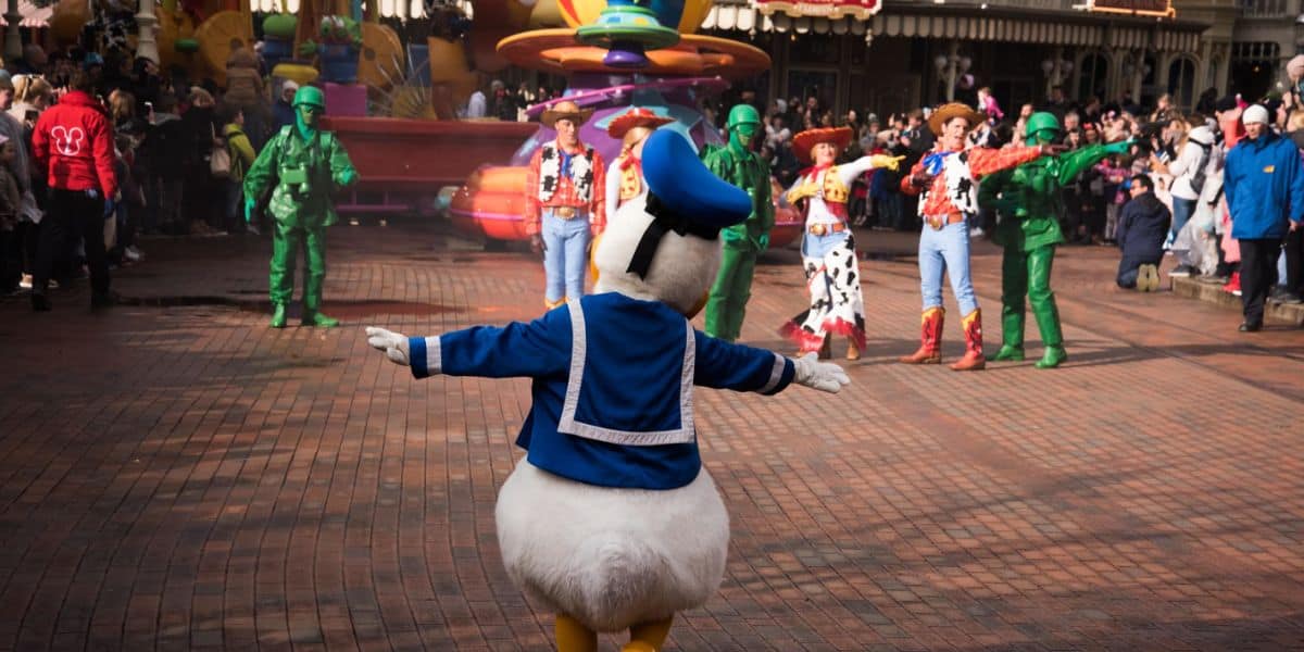 Donald Duck leads a parade at Disneyland Paris.