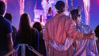 A couple stands in front of Sleeping Beauty Castle watching the fireworks, involving Disney adults.