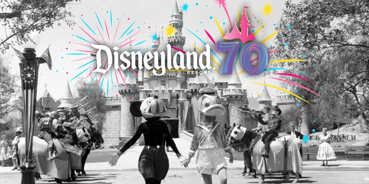 A black-and-white photo of Disneyland’s Sleeping Beauty Castle with vintage costumed characters, overlaid with colorful fireworks, "Disneyland Resort," and a "70" logo celebrating its 70th anniversary.
