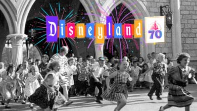 Black-and-white photo of excited children running toward the camera outside a castle, with colorful "Disneyland 70" fireworks graphic added above them, celebrating Disneyland’s 70th anniversary.